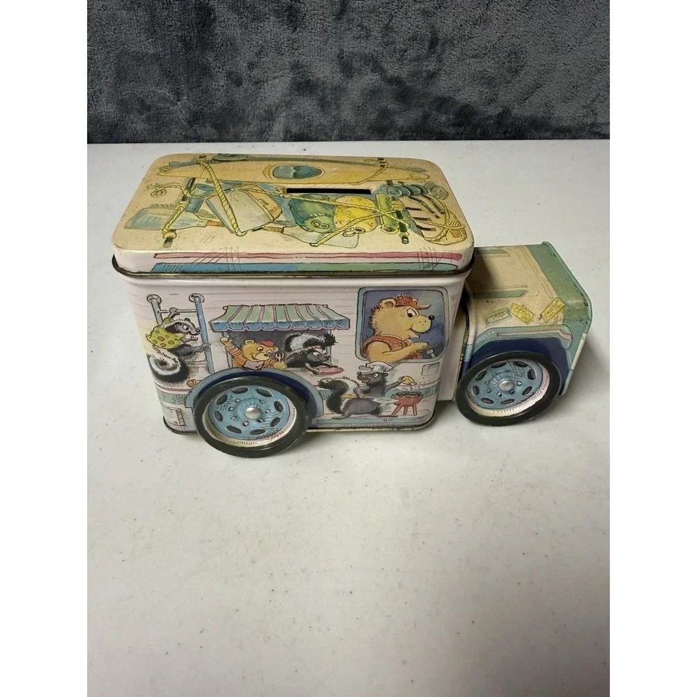 Vintage 1990's Children's Tin Truck Bank and Camping Bear Tin Can - Collectible